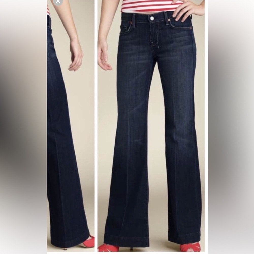 7 For All Mankind Dojo Flare Jeans Dark 29 Blue Pocket Stitching Front Crease